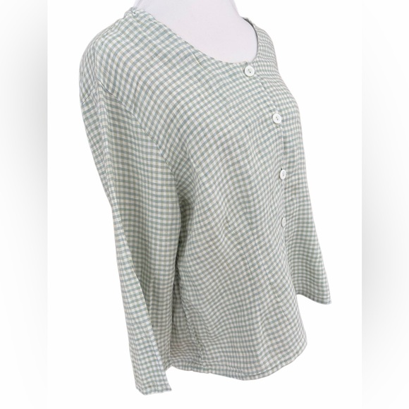 Flax 100% linen Light Green/cream  Gingham Button front Shirt size Medium. - Picture 4 of 5